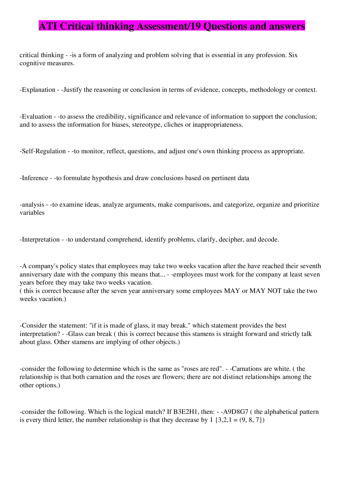 Preview image for ATI Critical thinking Assessment/19 Questions and answers